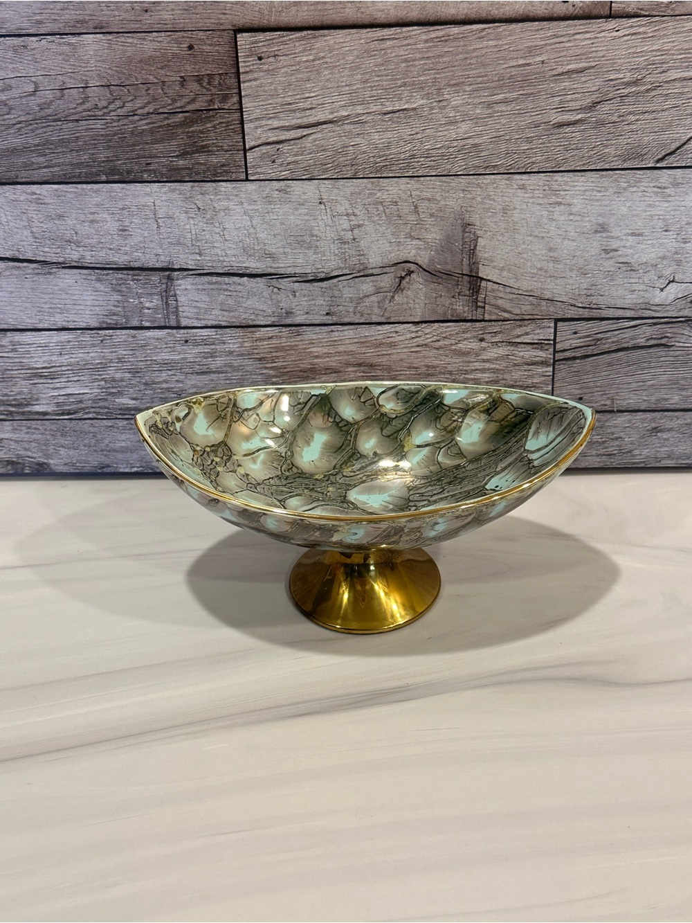 Brama Delft Holland Vintage Marbled Turquoise Ceramic Bowl Gold Metal Pedestal